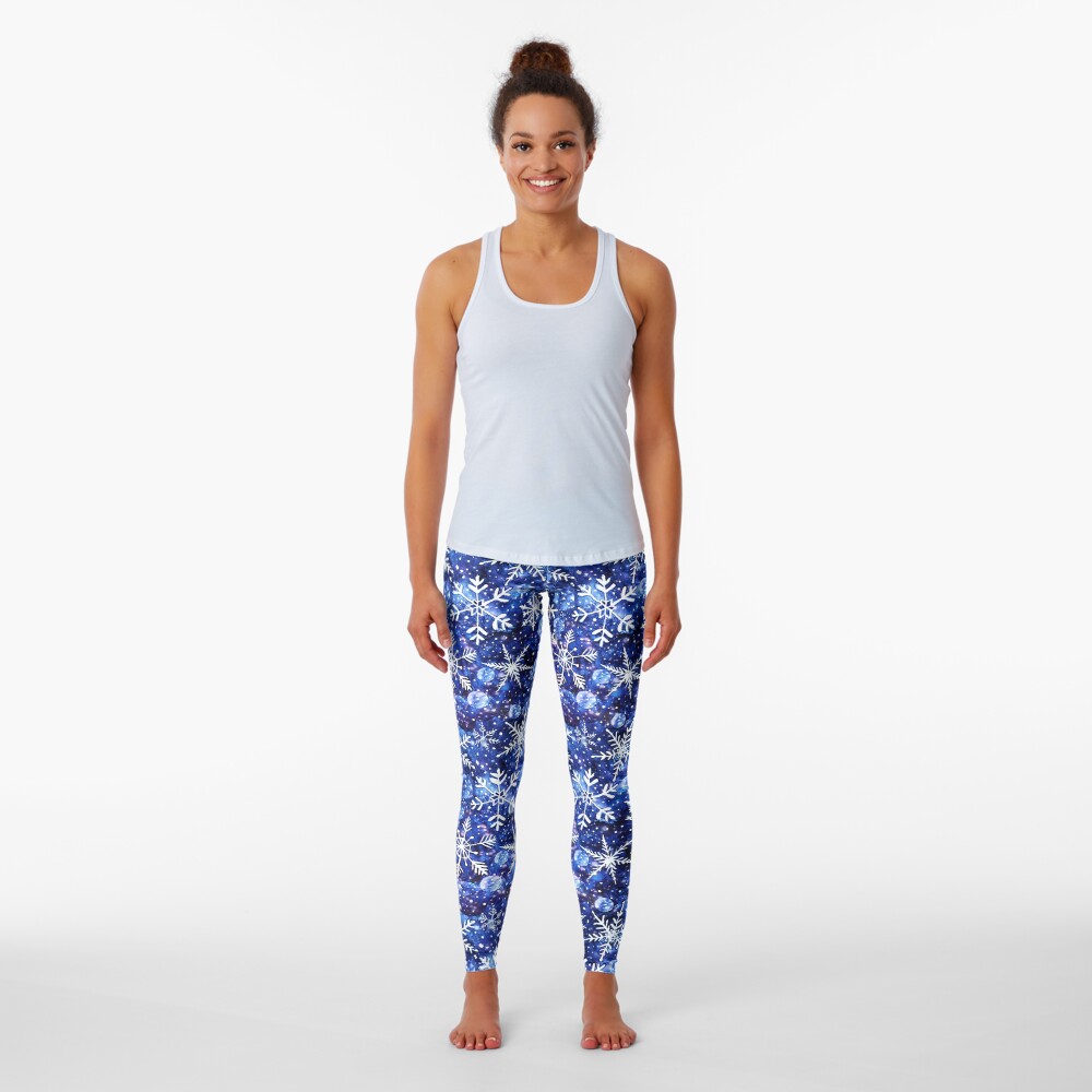 Blue snowflake galaxy, Celestial snowflakes and stars in blue watercolor Leggings