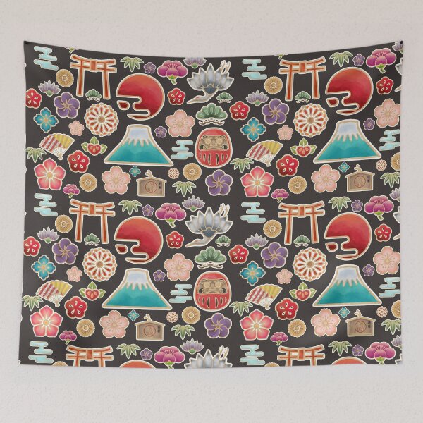 Item preview, Nihon Kuni - another plethora of Japanese motifs in watercolor style on dark gray designed and sold by SamInJapan.