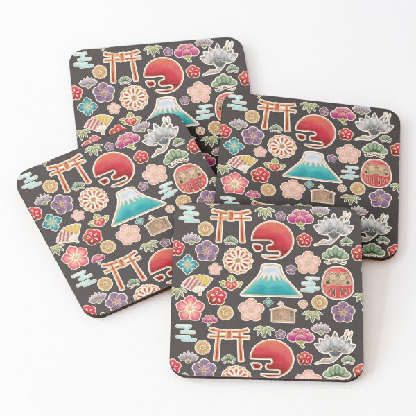 Item preview, Nihon Kuni - another plethora of Japanese motifs in watercolor style on dark gray designed and sold by SamInJapan.