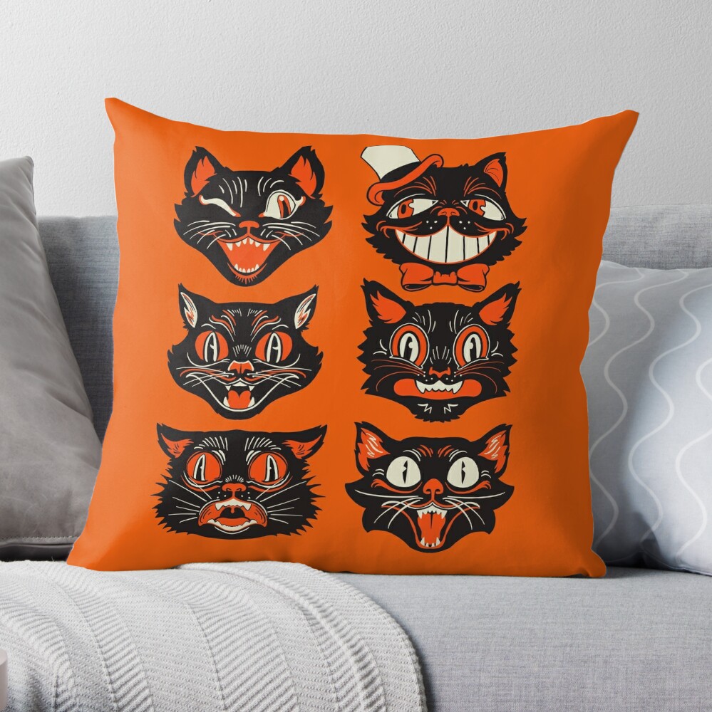 Retro Vintage Halloween Decor Black Cat Face Throw Pillow for