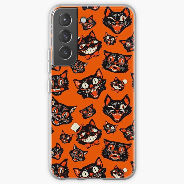 Aperçu de l'œuvre Motif de visages de chat noir Halloween vintage rétro - fond orange créée et vendue par ctkrstudio.
