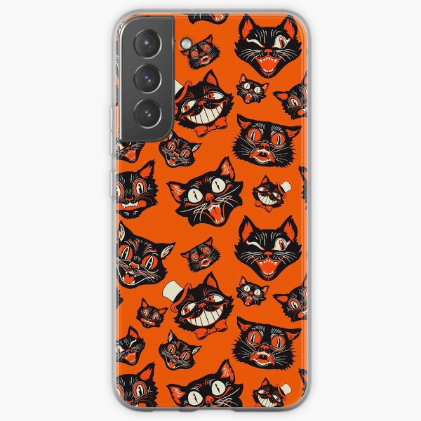 Aperçu de l'œuvre Motif de visages de chat noir Halloween vintage rétro - fond orange créée et vendue par ctkrstudio.