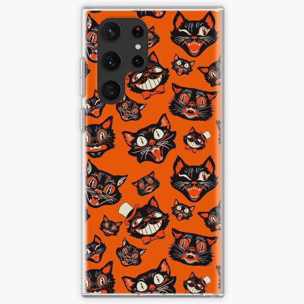 Aperçu de l'œuvre Motif de visages de chat noir Halloween vintage rétro - fond orange créée et vendue par ctkrstudio.