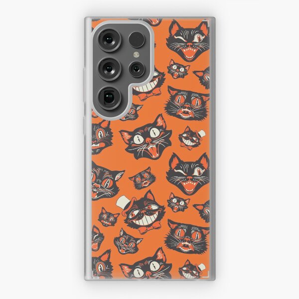 Aperçu de l'œuvre Motif de visages de chat noir Halloween vintage rétro - fond orange créée et vendue par ctkrstudio.