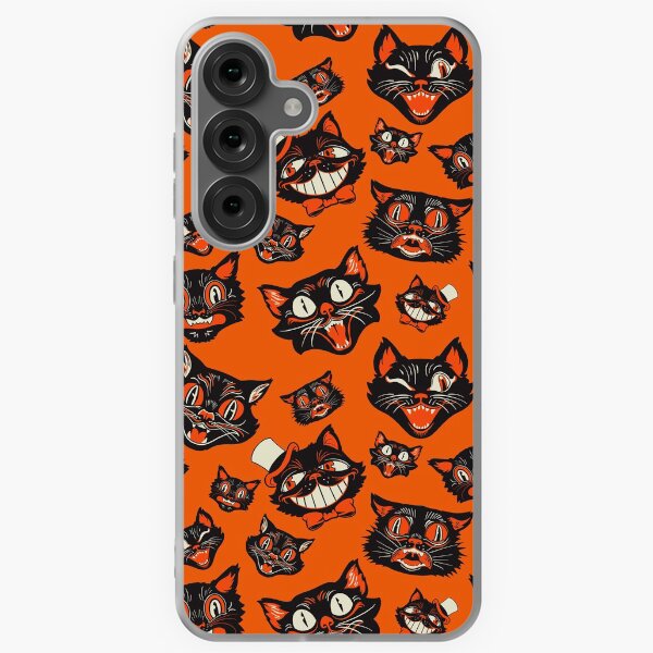 Item preview, Retro Vintage Halloween Black Cat Faces Pattern - Orange Background designed and sold by ctkrstudio.