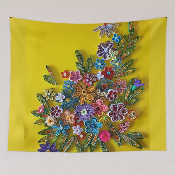 Item preview, Vivid multicolour quilled flowers on sunny yellow background (THIS IS A PRINT) designed and sold by folkyouall.