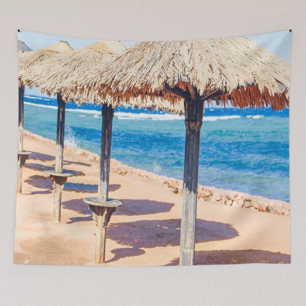 Item preview, natural materials beach umbrellas by the sea and the blue sky designed and sold by SherriMans.