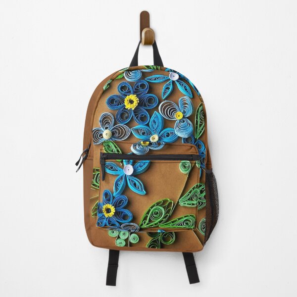 Item preview, Vivid blue quilled flowers on gradient brown background (THIS IS A PRINT) designed and sold by folkyouall.