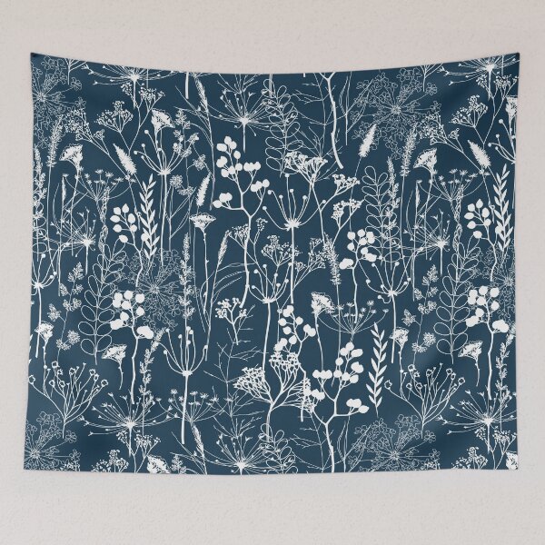 Item preview, White herbal silhouette seamless pattern on dark blue. Wild herbs. Wild life designed and sold by Yulia Chepurova.