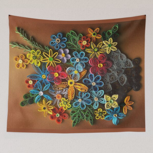 Item preview, Vivid multicolour quilled flowers on gradient brown background (THIS IS A PRINT) designed and sold by folkyouall.