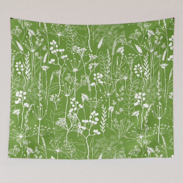 Item preview, White herbal silhouette seamless pattern on green, Wild herbs. Wild life designed and sold by Yulia Chepurova.