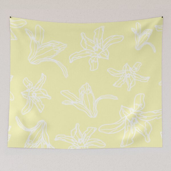 Item preview, white floral silhouettes pattern on yellow background designed and sold by Sreepriya Jayesh.