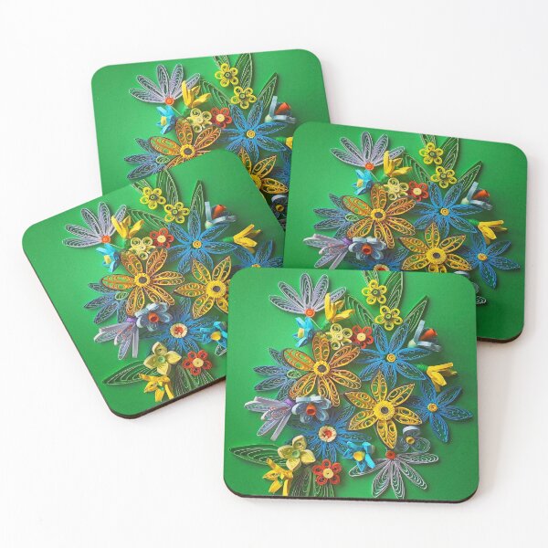 Item preview, Vivid multicolour quilled flowers on yellow green background (THIS IS A PRINT) designed and sold by folkyouall.