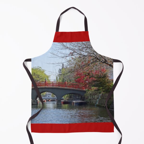 Item preview, Bright red railings on a bridge over a canal in Yanagawa Japan designed and sold by cuisinecat2.