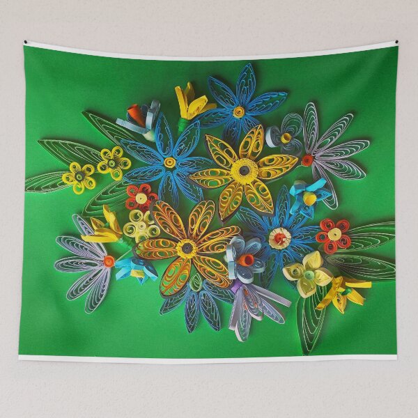 Item preview, Vivid multicolour quilled flowers on yellow green background (THIS IS A PRINT) designed and sold by folkyouall.