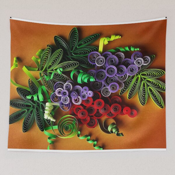Item preview, Vivid red and purple quilled grapes on yellow orange background (THIS IS A PRINT) designed and sold by folkyouall.