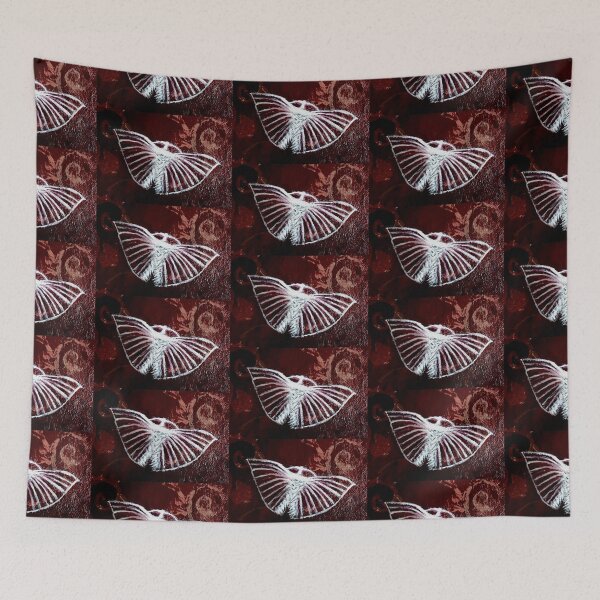 Item preview, White Filigree Moth on Damask designed and sold by The Mysterious Domain Alyne Whiteswan Fine Art Prints and Merch.