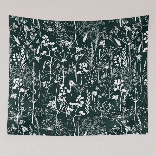 Item preview, White herbal silhouette seamless pattern on very dark blue green. Wild herbs. Wild life designed and sold by Yulia Chepurova.