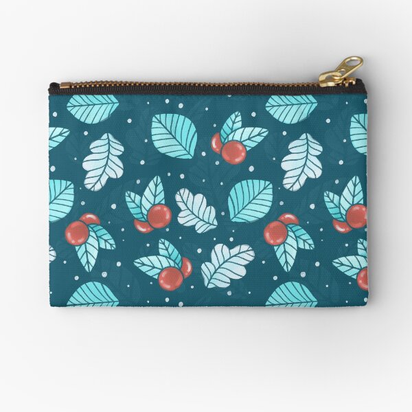 Festive Nordic Holiday Floral Pattern with Leaves and Lingonberries Zipper Pouch
