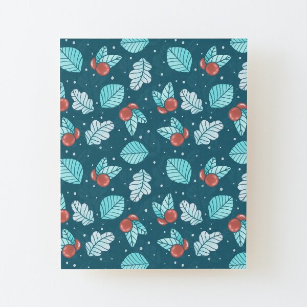 Festive Nordic Holiday Floral Pattern with Leaves and Lingonberries Wood Mounted Print