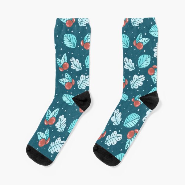 Festive Nordic Holiday Floral Pattern with Leaves and Lingonberries Socks
