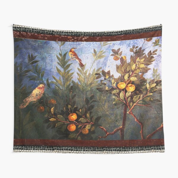 ANTIQUE ROMAN WALL PAINTING Flower Garden Flying Birds Over Quince Trees  Tapestry