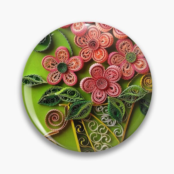 Item preview, Vivid pink quilled flowers bouquet in a vase on a lime green background (THIS IS A PRINT) designed and sold by folkyouall.