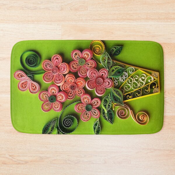 Item preview, Vivid pink quilled flowers bouquet in a vase on a lime green background (THIS IS A PRINT) designed and sold by folkyouall.