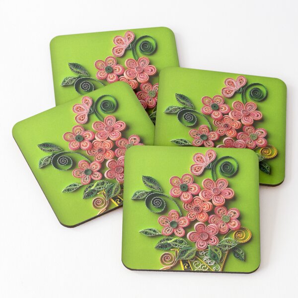 Item preview, Vivid pink quilled flowers bouquet in a vase on a lime green background (THIS IS A PRINT) designed and sold by folkyouall.
