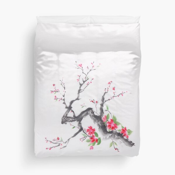 Cherry blossom branch sumi-e ink painting with bright pink flowers art print Duvet Cover