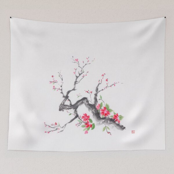 Item preview, Cherry blossom branch sumi-e ink painting with bright pink flowers art print designed and sold by AwenArtPrints.