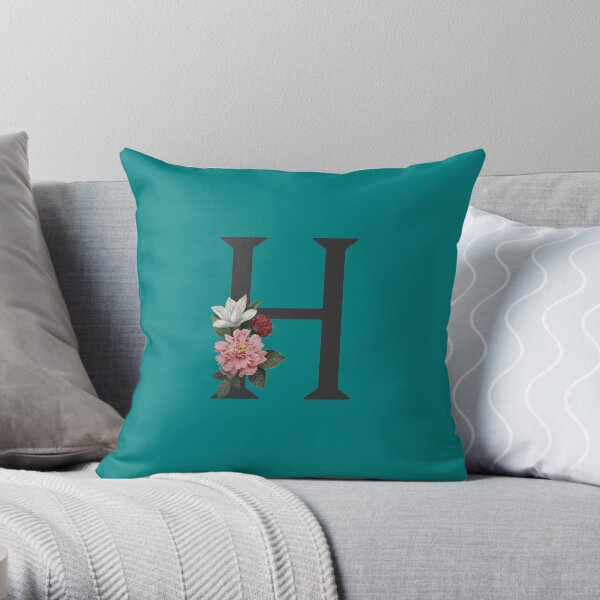 Black On Teal Monogram Letter H | Floral Alphabet Throw Pillow