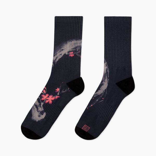 Item preview, Artistic design of Enso circle in shape of sakura branch with red flowers on black background sumi-e artwork art print designed and sold by AwenArtPrints.