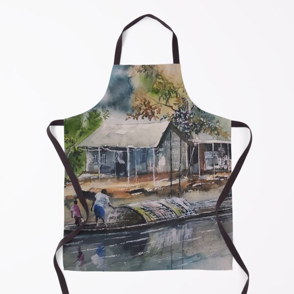 Item preview, Village Lake with Boats Watercolor Painting designed and sold by Artcraft-Ink.