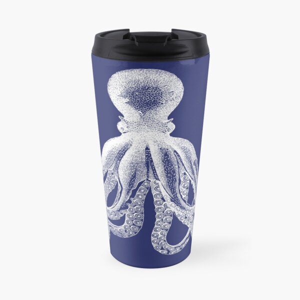 Octopus | Vintage Octopus | Tentacles | Sea Creatures | Nautical | Ocean | Sea | Beach | Navy Blue and White | Travel Mug