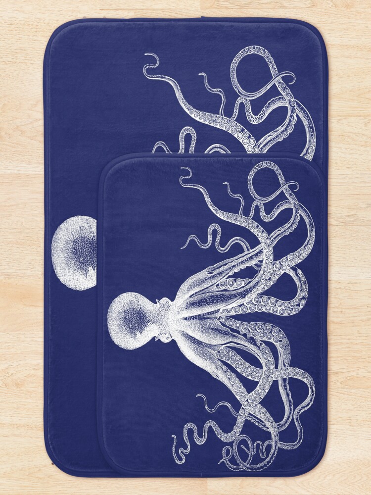 Thumbnail 5 of 6, Bath Mat, Octopus | Vintage Octopus | Tentacles | Sea Creatures | Nautical | Ocean | Sea | Beach | Navy Blue and White | designed and sold by EclecticAtHeART.