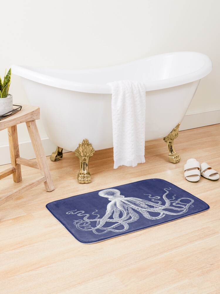 Thumbnail 2 of 6, Bath Mat, Octopus | Vintage Octopus | Tentacles | Sea Creatures | Nautical | Ocean | Sea | Beach | Navy Blue and White | designed and sold by EclecticAtHeART.