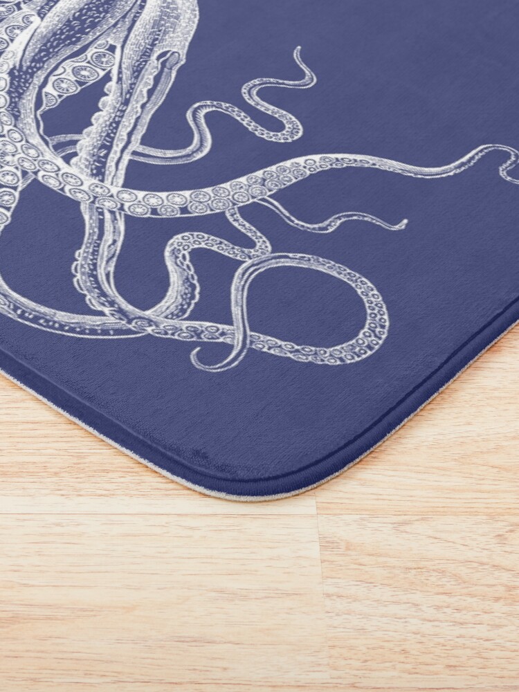 Thumbnail 3 of 6, Bath Mat, Octopus | Vintage Octopus | Tentacles | Sea Creatures | Nautical | Ocean | Sea | Beach | Navy Blue and White | designed and sold by EclecticAtHeART.