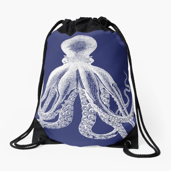 Octopus | Vintage Octopus | Tentacles | Sea Creatures | Nautical | Ocean | Sea | Beach | Navy Blue and White | Drawstring Bag