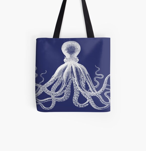 Octopus | Vintage Octopus | Tentacles | Sea Creatures | Nautical | Ocean | Sea | Beach | Navy Blue and White | All Over Print Tote Bag