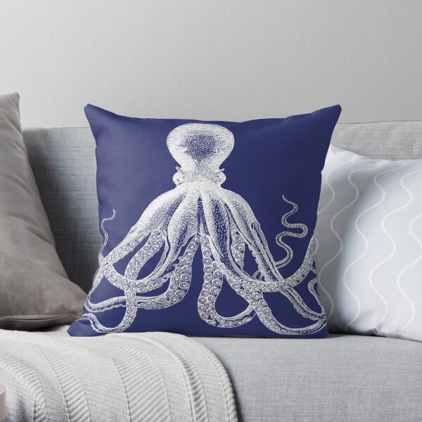 Octopus | Vintage Octopus | Tentacles | Sea Creatures | Nautical | Ocean | Sea | Beach | Navy Blue and White | Throw Pillow
