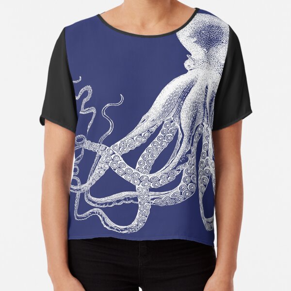Octopus | Vintage Octopus | Tentacles | Sea Creatures | Nautical | Ocean | Sea | Beach | Navy Blue and White | Chiffon Top