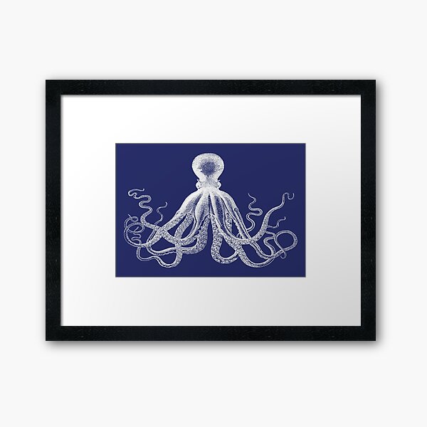 Octopus | Vintage Octopus | Tentacles | Sea Creatures | Nautical | Ocean | Sea | Beach | Navy Blue and White | Framed Art Print