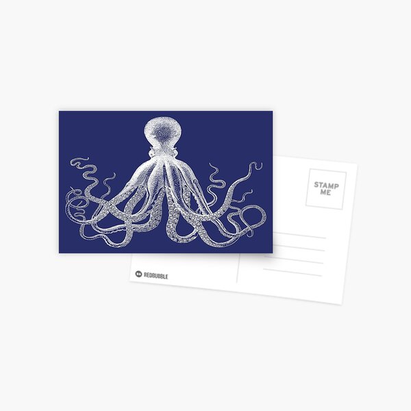 Octopus | Vintage Octopus | Tentacles | Sea Creatures | Nautical | Ocean | Sea | Beach | Navy Blue and White | Postcard