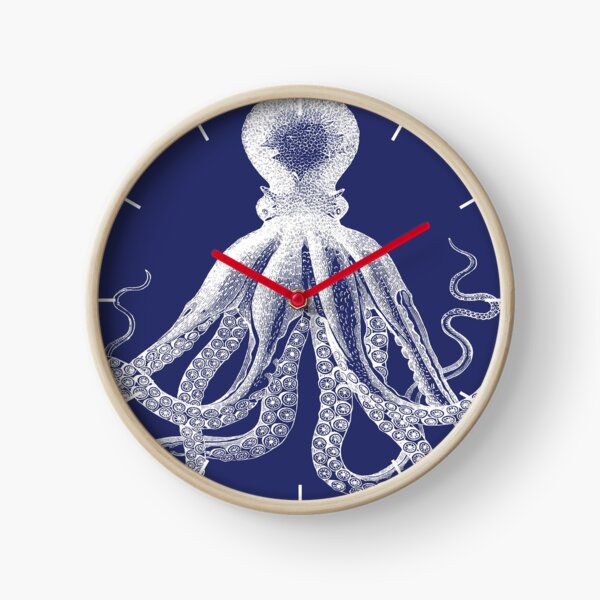 Octopus | Vintage Octopus | Tentacles | Sea Creatures | Nautical | Ocean | Sea | Beach | Navy Blue and White | Clock
