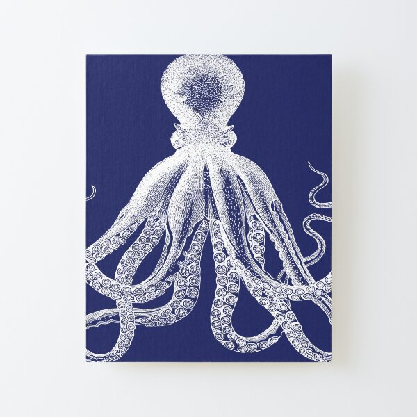Octopus | Vintage Octopus | Tentacles | Sea Creatures | Nautical | Ocean | Sea | Beach | Navy Blue and White | Canvas Mounted Print