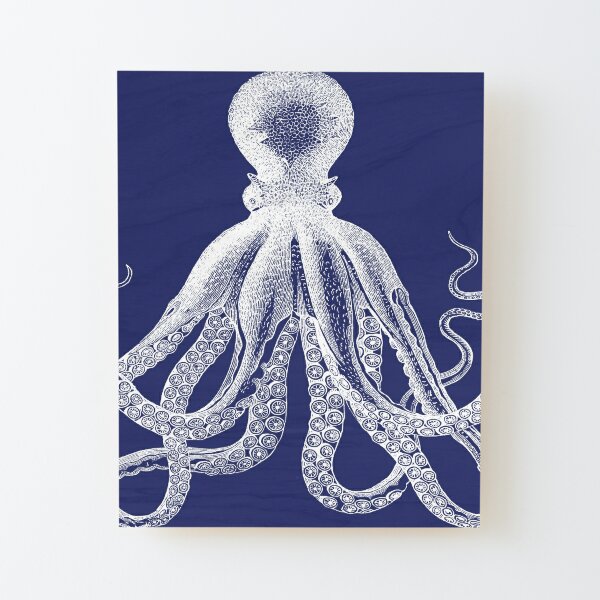 Octopus | Vintage Octopus | Tentacles | Sea Creatures | Nautical | Ocean | Sea | Beach | Navy Blue and White |  Wood Mounted Print