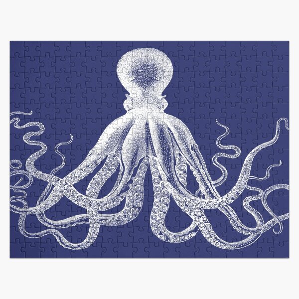 Octopus | Vintage Octopus | Tentacles | Sea Creatures | Nautical | Ocean | Sea | Beach | Navy Blue and White | Jigsaw Puzzle
