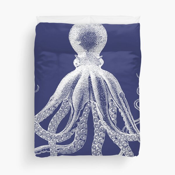 Octopus | Vintage Octopus | Tentacles | Sea Creatures | Nautical | Ocean | Sea | Beach | Navy Blue and White | Duvet Cover