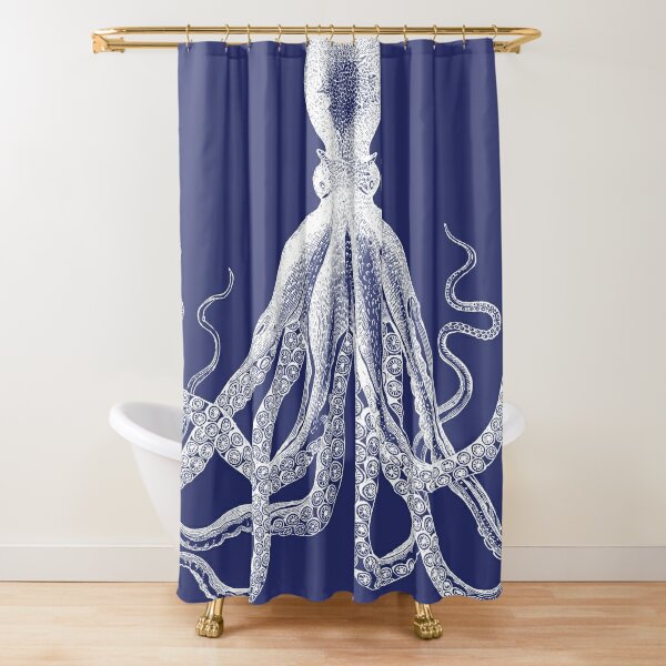 Blue Octopus Nautical Sea Ocean Beach Fabric Shower Curtain Digital Art Bathroom 
